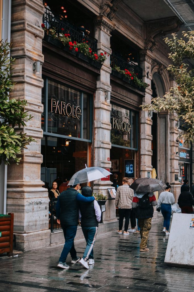 A rainy day in Istanbul with people walking past shops holding umbrellas, capturing the vibrant street life.